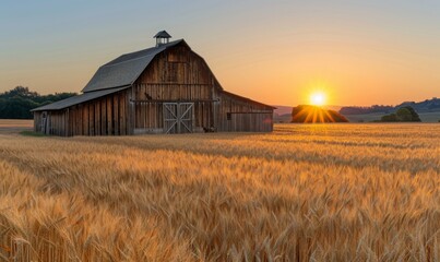 A rustic wooden barn surrounded by golden wheat fields, with the sun setting in the background casting a warm glow