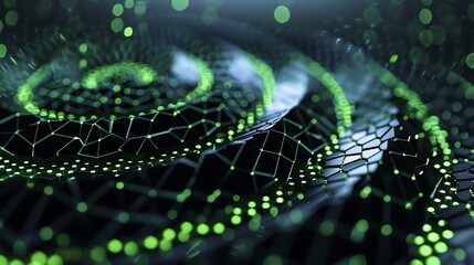 hexagon spiral banner illustration background, glowing, modern, blur, cyberpunk, neon color, green, black, HD, 2:1