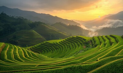 A scenic landscape of terraced rice fields on rolling hills, bathed in golden light during sunset, with mist rising from the valleys