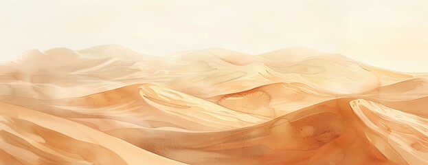 Illustrate a close-up of desert dunes in soft watercolors, blending warm tones seamlessly Emphasize the texture of the sand grains to create a serene and dreamy atmosphere