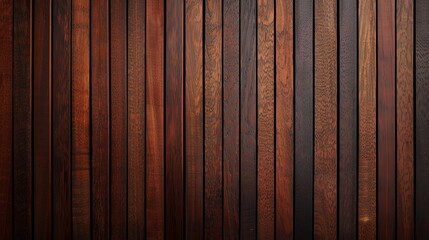 Obraz premium A mahogany dark wood vertical slat wall covering provides a rich and elegant backdrop. The individual slats, arranged vertically, exhibit a deep, warm tone with subtle variations in color and grain, 