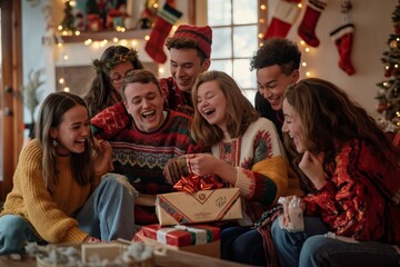 Fototapeta premium Christmas celebration unites friends with gifts, cheer, and warmth in a joyous gathering filled with friendship and happiness, creating a cozy and festive atmosphere of togetherness