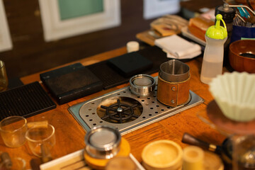 Close-up photography of fresh coffee making equipment