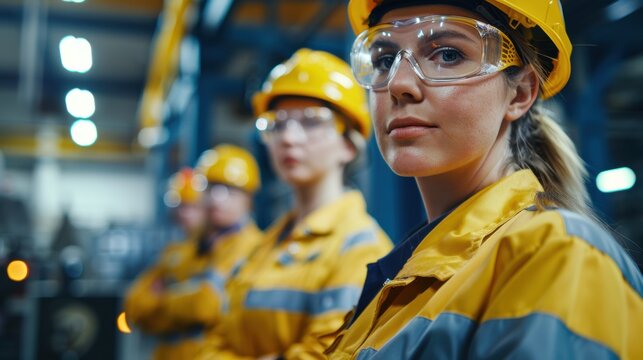A group of workers in uniforms and safety glasses work in a factory.