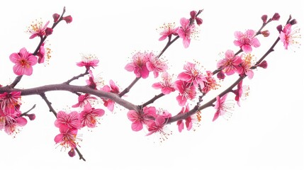 Naklejka premium A white background with a pink tree branch with pink flowers