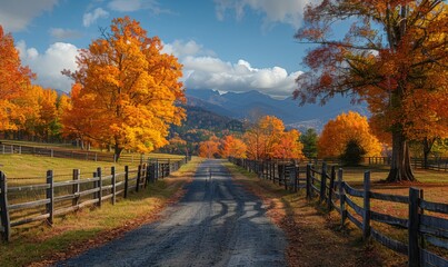 A charming rural road lined with old wooden fences and trees in full autumn colors, leading towards distant mountains
