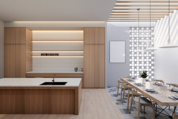 Minimal wood kitchen with island table, 3d illustration render