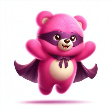 A 3D fluffy superhero cute pink lotso bear with a cloak and mask jumping and flying on a white background