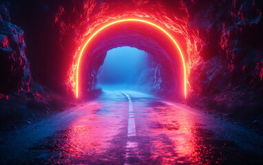 A dark road with a lit-up tunnel in arch red neon light