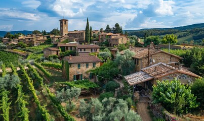An idyllic village surrounded by vineyards and olive groves, with traditional stone houses and a small church tower visible in the distance