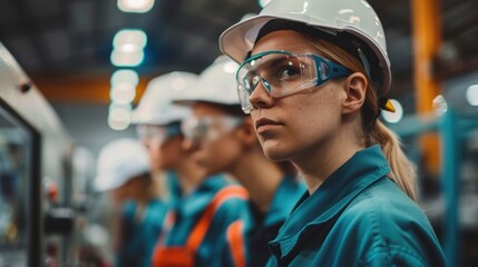 A group of workers in uniforms and safety glasses work in a factory.