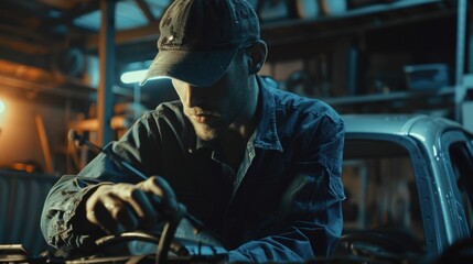 Obraz premium A mechanic in an oily jumpsuit and baseball cap repairs a car in a garage.