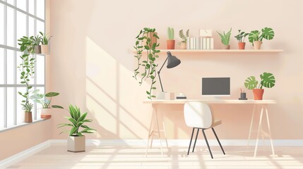 Illustrate a modern therapy office with a calming color palette, featuring a minimalist desk and shelves adorned with plants, creating a peaceful ambiance