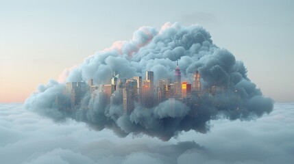 Urban Dreamscape: City Skyline within Cloud on Grey Background
