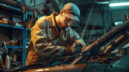A mechanic in an oily jumpsuit and baseball cap repairs a car in a garage.