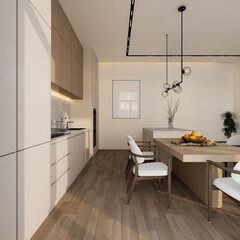 Minimal white kitchen, marble, wooden and dinning table, 3d illustration render