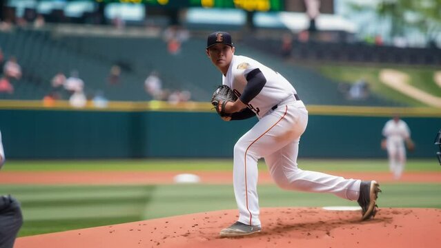 Baseball pitcher throwing a pitch during a game, with the ball in mid-air and the crowd in the background on a sunny day.	