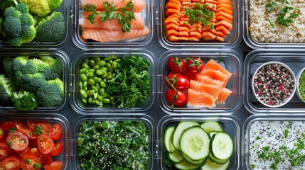 Top view of a balanced fitness meal prep, first person perspective, colorful array of vegetables,...