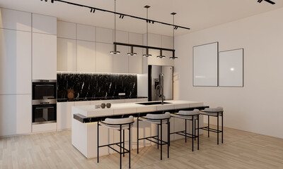 Minimal white kitchen, black marble and island table, 3d illustration render