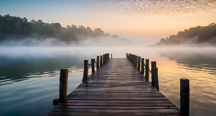 Obraz premium sunrise on the lake with wooden bridge and fog