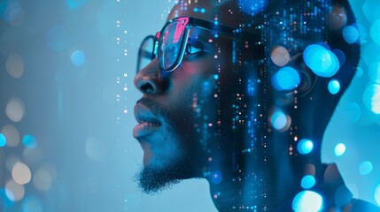 A double exposure of an African American man wearing glasses, he looks next to the digital data and codes floating around him in shades of blue