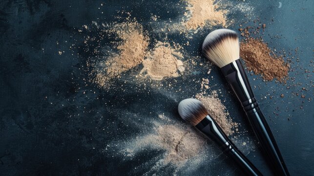 Makeup brushes dispersing beige powder on dark backdrop with space for text Beauty and cosmetics theme