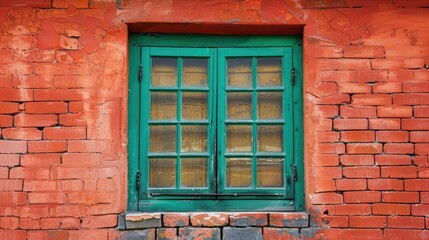 Beautiful green window in the red brick wall