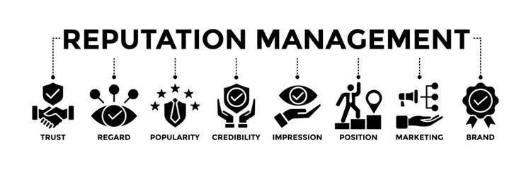 Reputation management icons set. Vector graphic glyph style with icon of trust, regard, popularity, credibility, impression, position, marketing, and brand	