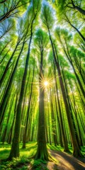 Fototapeta premium Nature forest, trees growing upward to the sun. Background.