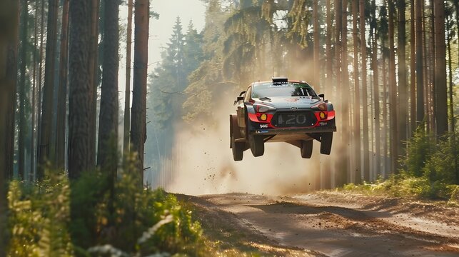 Rally racing car on dirt track, in the forest, extreme sport activities theme, created with generative ai
