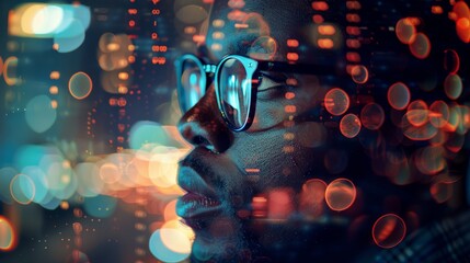 A double exposure of an African American man wearing glasses, he looks next to the digital data and codes floating around him in shades of blue