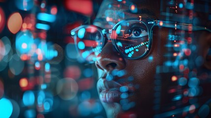 A double exposure of an African American man wearing glasses, he looks next to the digital data and codes floating around him in shades of blue