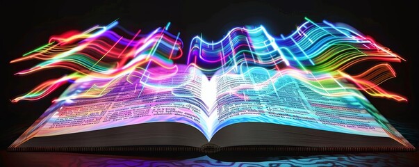 Colorful glowing waves emerging from an open book, representing a blend of knowledge and digital transformation with vibrant energy.