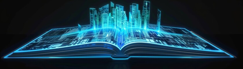 Futuristic cityscape emerging from an open book, representing the concept of smart technology and urban development.