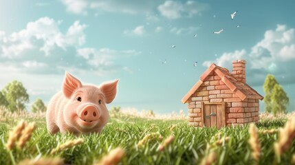 A little pig smiling in front of his house made of bricks