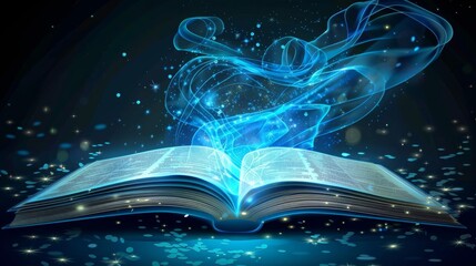 Magical book emitting blue light and mystical energy with glowing particles against a dark background, representing fantasy and mystery.