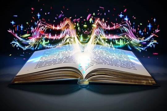 Magical open book with colorful lights and sparkles emerging from its pages, representing knowledge and imagination.