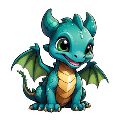 Cute Childish Kawaii Dragon Character Sticker Standing with Big Round Eyes, Small Wings, and Happy Expression, Thick Black Outline, Generative AI.