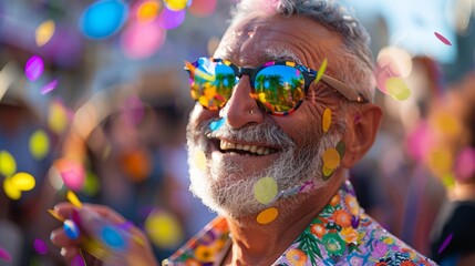 A happy old man celebrates in a pride parade as confetti flies around him