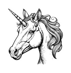 unicorn, head portrait engraving black and white outline