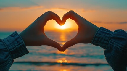 A pair of hands make a heart shape in the sand on a beach. Generate AI image