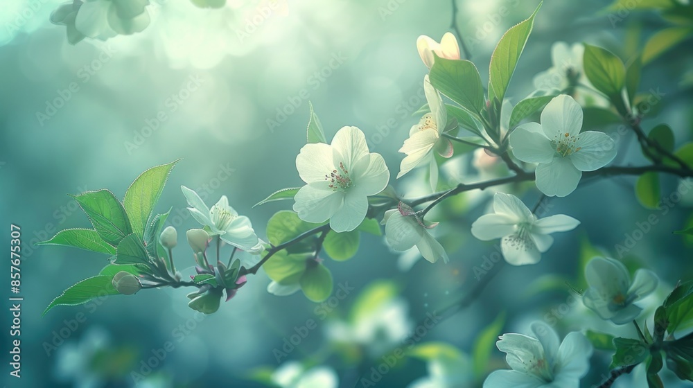 Canvas Prints Beautiful Spring Blossoms on a Sunlit Branch with Fresh Green Foliage