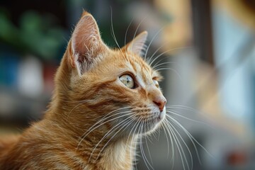 Fototapeta premium CloseUp Portrait of an Alert Ginger Cat with Green Eyes Looking Out of Window