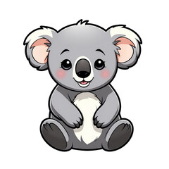 Adorable Childish Kawaii Koala Character Sticker Standing with Big Round Eyes, Fluffy Ears, and a Cheerful Expression, Thick Black Outline, Generative AI.