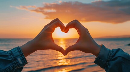A pair of hands make a heart shape in the sand on a beach. Generate AI image