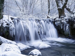 Serene Winter Waterfall: Capturing the Tranquility of Nature in a Snow-Covered Forest