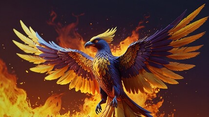 Fototapeta premium Phoenix bird fire fantasy firebird abstract magic 3D on fire tale character illustration render hawk fairy wings from Ai genertaed