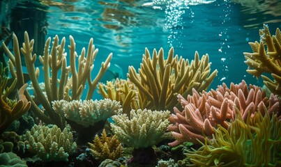 A serene underwater garden featuring a diverse array of coral species and marine plants, bathed in the soft, diffused light from the surface