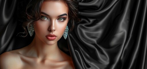 Fototapeta premium Elegant Woman with Glamorous Makeup and Jewelry Posing Against Luxurious Black Silk Fabric