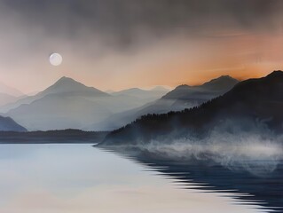 Obraz premium Serene Sunrise: Mist Over Lake and Majestic Mountains in the Morning Glow
